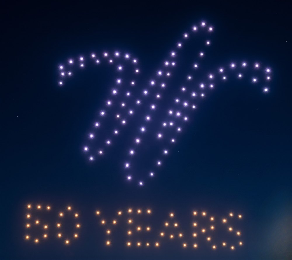 Drone show formation of the WVA logo and 50 Years
